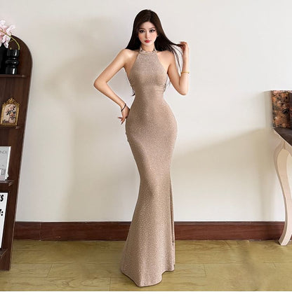 Sleeveless Halter Neck Glitter Mermaid Evening Gown