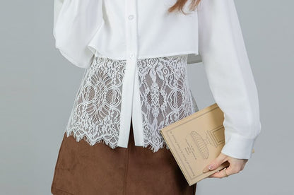 Pocket Front Lace Trim Long Sleeve Shirt with Faux Layer