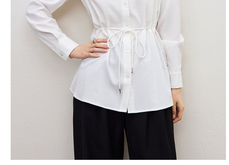 Tie-Waist V-Neck Long Sleeve Shirt in Solid Hue