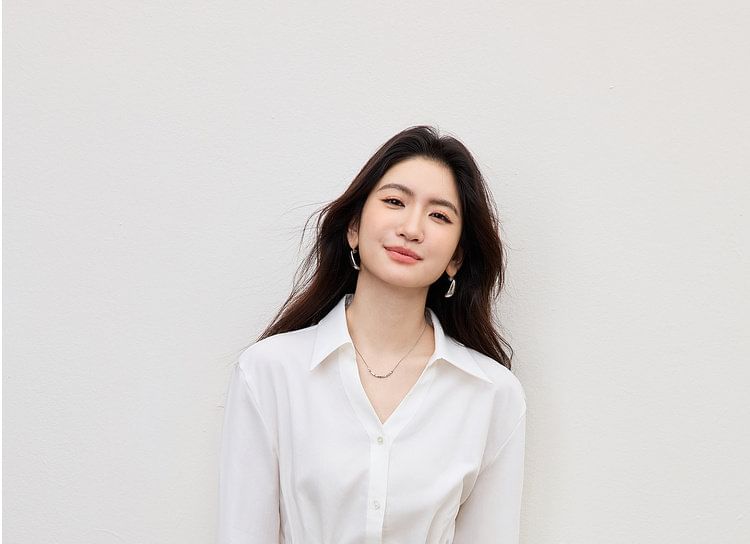 Tie-Waist V-Neck Long Sleeve Shirt in Solid Hue