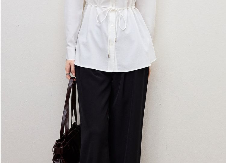 Tie-Waist V-Neck Long Sleeve Shirt in Solid Hue
