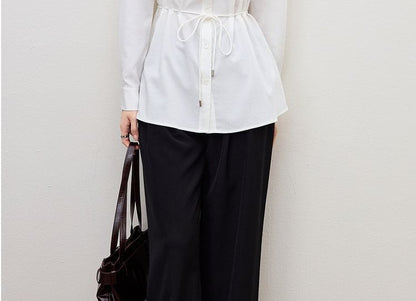 Tie-Waist V-Neck Long Sleeve Shirt in Solid Hue