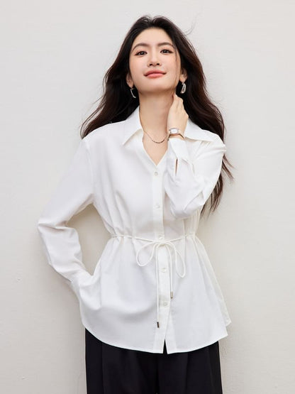 Tie-Waist V-Neck Long Sleeve Shirt in Solid Hue