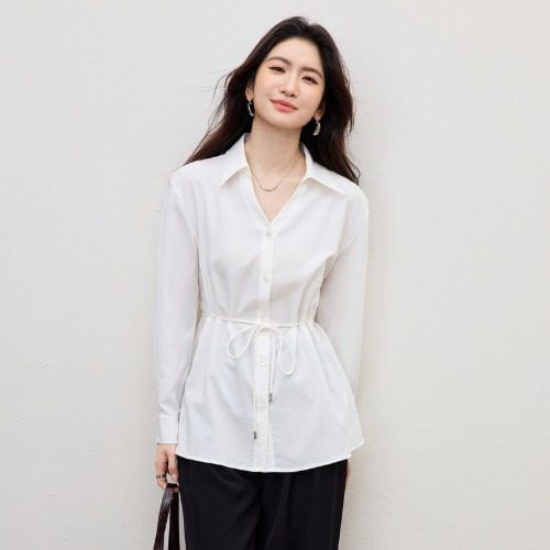 Tie-Waist V-Neck Long Sleeve Shirt in Solid Hue