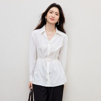 Tie-Waist V-Neck Long Sleeve Shirt in Solid Hue