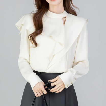 Asymmetrical Cutout Long-Sleeve Blouse in Solid Color