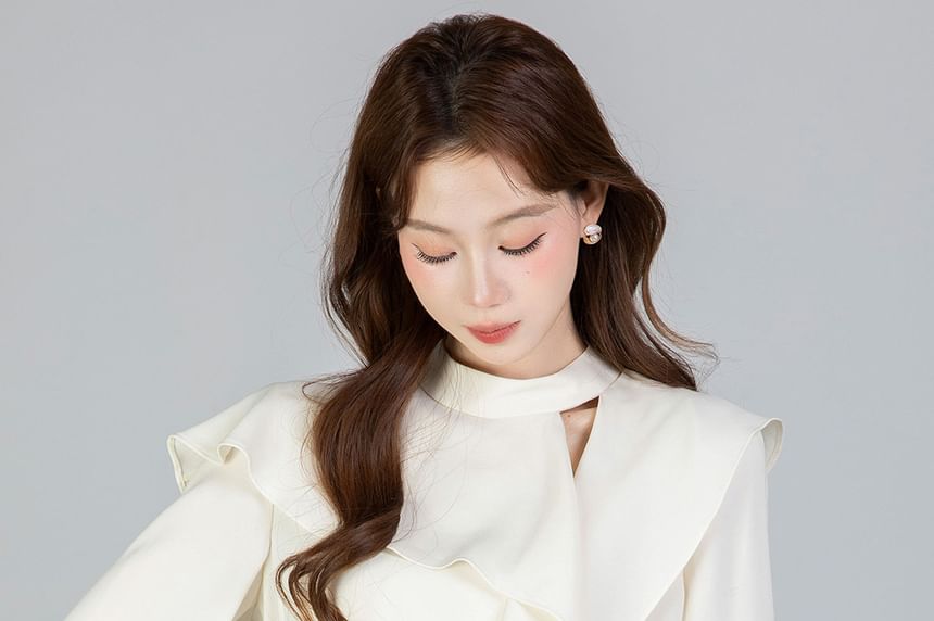 Asymmetrical Cutout Long-Sleeve Blouse in Solid Color