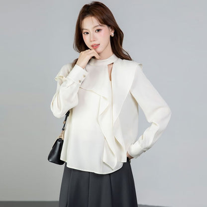 Asymmetrical Cutout Long-Sleeve Blouse in Solid Color
