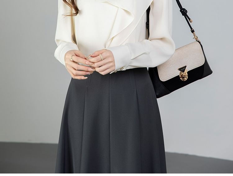 Asymmetrical Cutout Long-Sleeve Blouse in Solid Color
