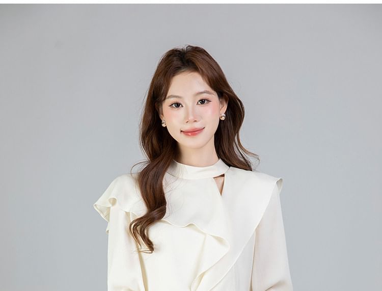 Asymmetrical Cutout Long-Sleeve Blouse in Solid Color