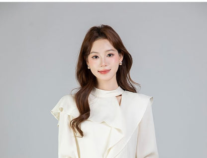 Asymmetrical Cutout Long-Sleeve Blouse in Solid Color