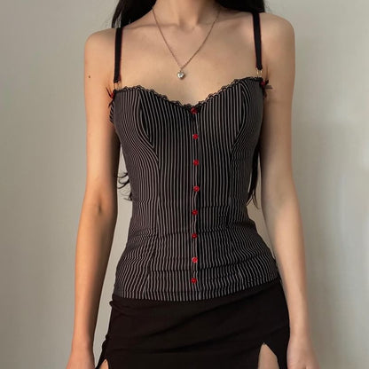 Striped Lace Trim Camisole Top with Buttons