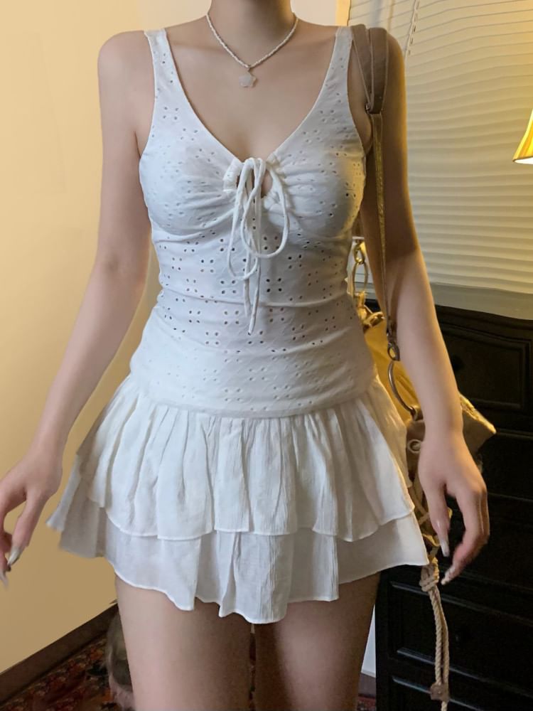 V-Neck Eyelet Lace Tank Top with Drawstring