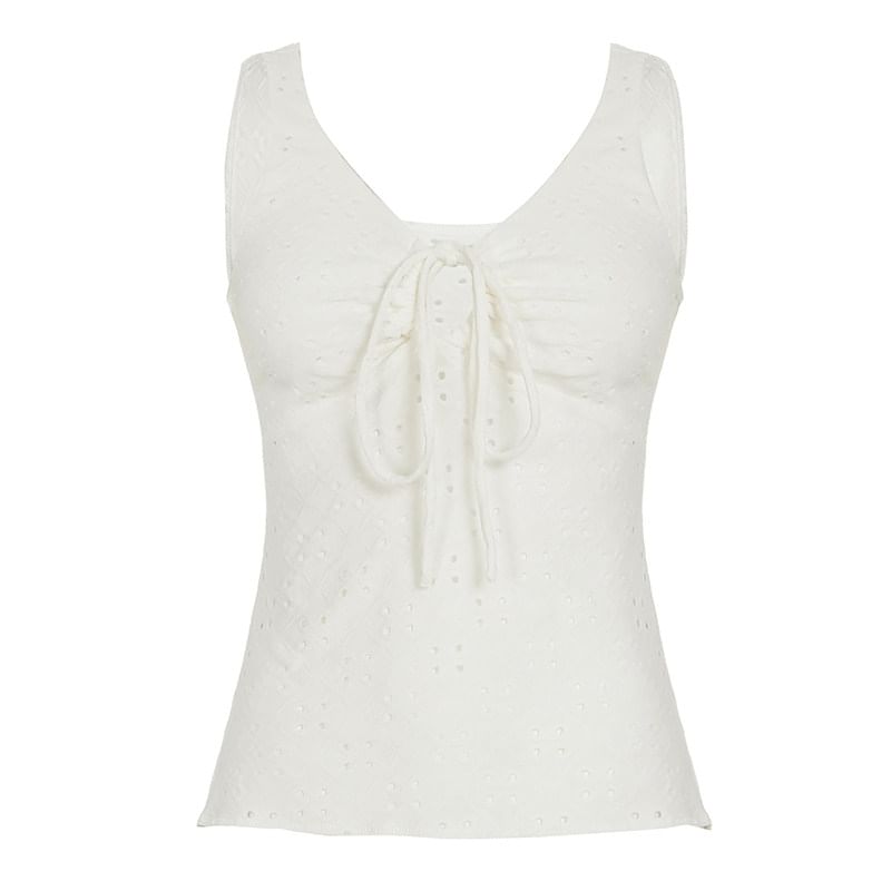 V-Neck Eyelet Lace Tank Top with Drawstring