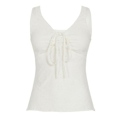 V-Neck Eyelet Lace Tank Top with Drawstring