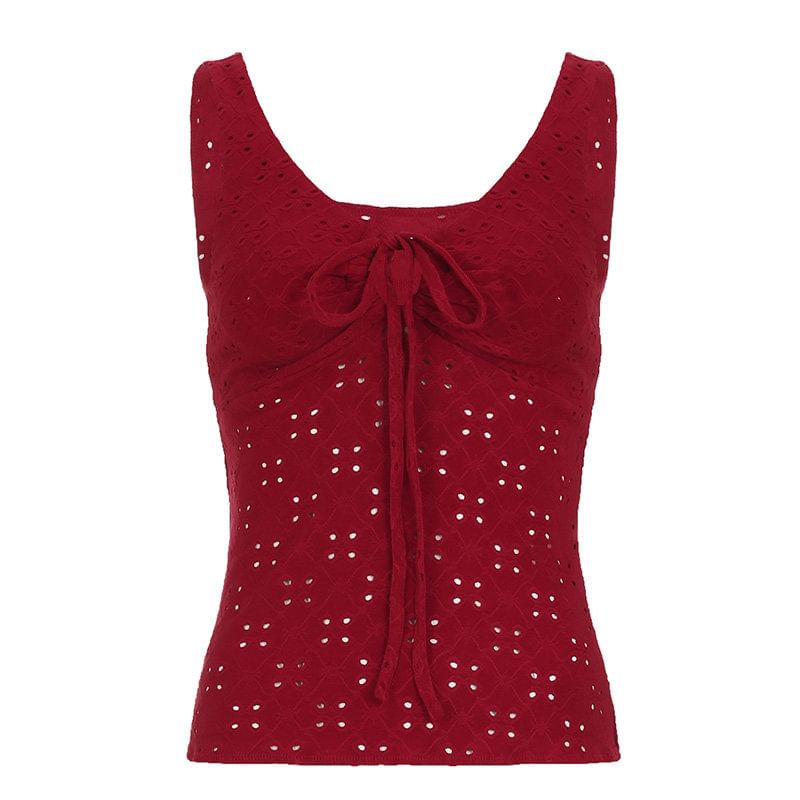 V-Neck Eyelet Lace Tank Top with Drawstring