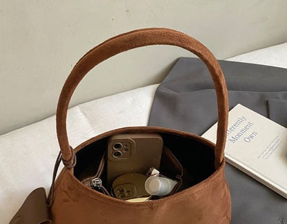 Set: Plain Faux Suede Shoulder Bag + Eyeglasses Holder