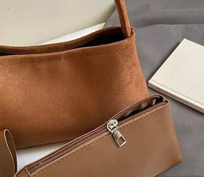 Set: Plain Faux Suede Shoulder Bag + Eyeglasses Holder