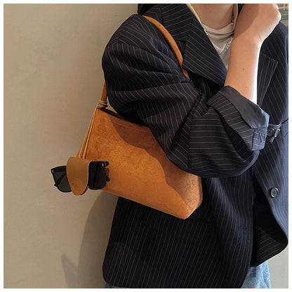 Set: Plain Faux Suede Shoulder Bag + Eyeglasses Holder