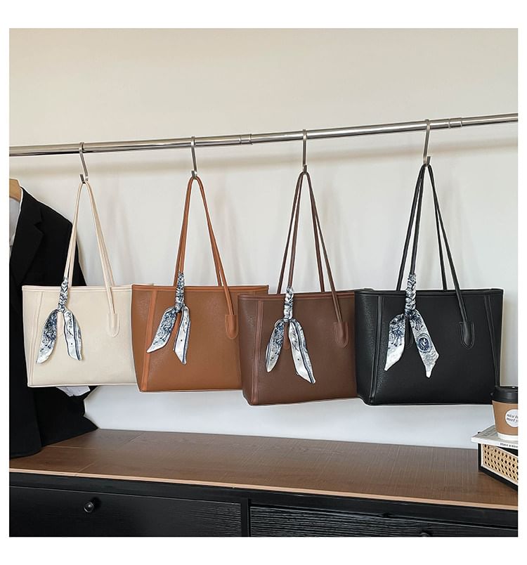 Set: Plain Faux Leather Tote Bag + Scarf
