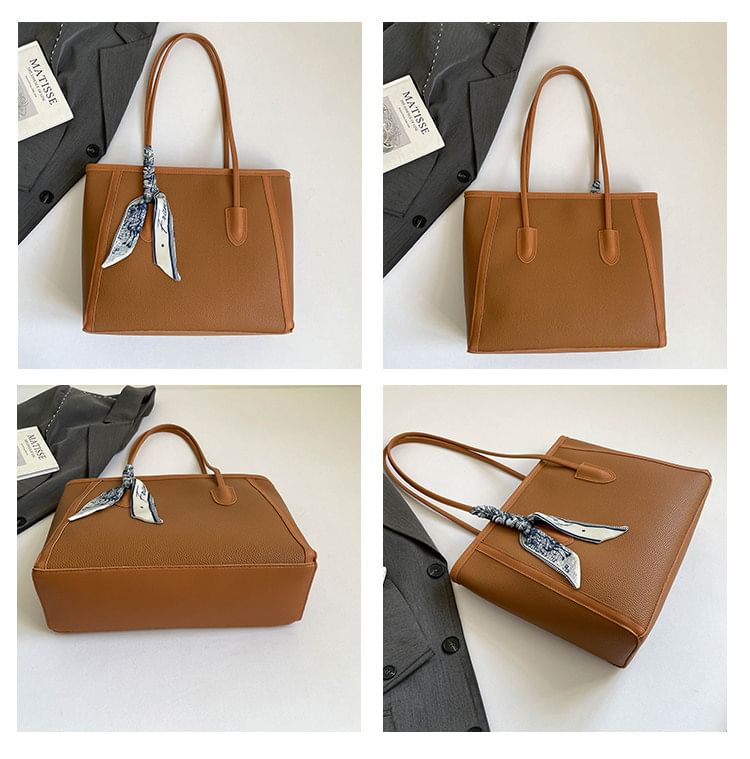 Set: Plain Faux Leather Tote Bag + Scarf