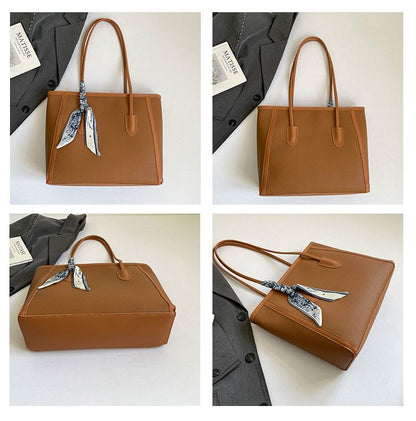 Set: Plain Faux Leather Tote Bag + Scarf