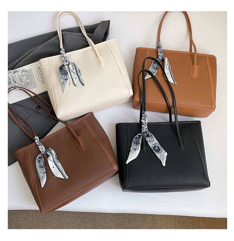 Set: Plain Faux Leather Tote Bag + Scarf