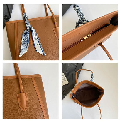 Set: Plain Faux Leather Tote Bag + Scarf