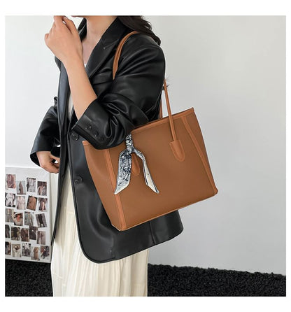 Set: Plain Faux Leather Tote Bag + Scarf