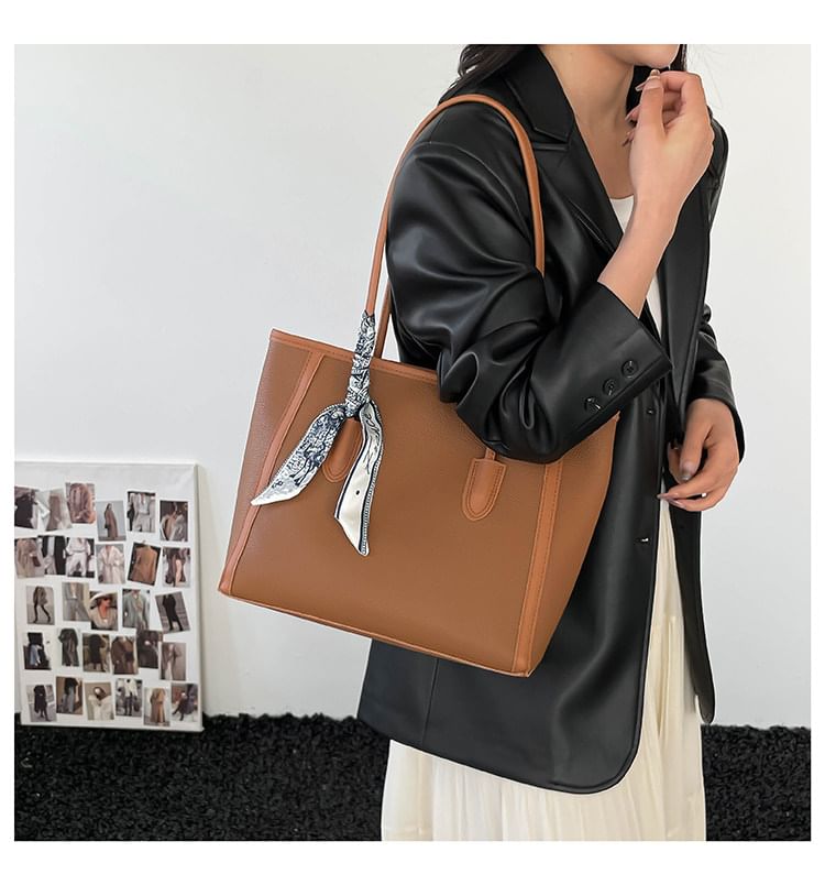 Set: Plain Faux Leather Tote Bag + Scarf