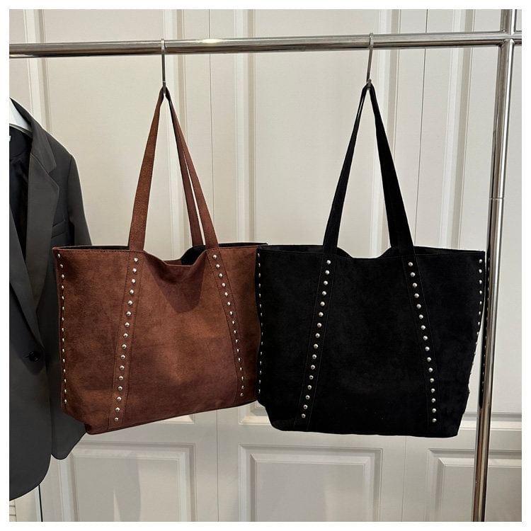 Plain Studded Faux Suede Tote Bag