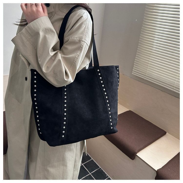 Plain Studded Faux Suede Tote Bag