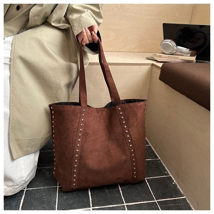 Plain Studded Faux Suede Tote Bag