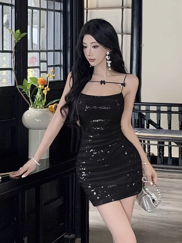 Spaghetti Strap Plain Bow Sequin Mini Sheath Cocktail Dress