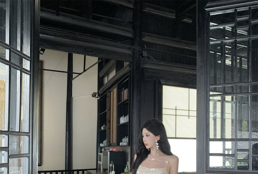 Spaghetti Strap Plain Bow Sequin Mini Sheath Cocktail Dress