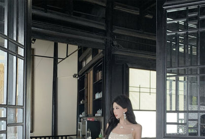 Spaghetti Strap Plain Bow Sequin Mini Sheath Cocktail Dress