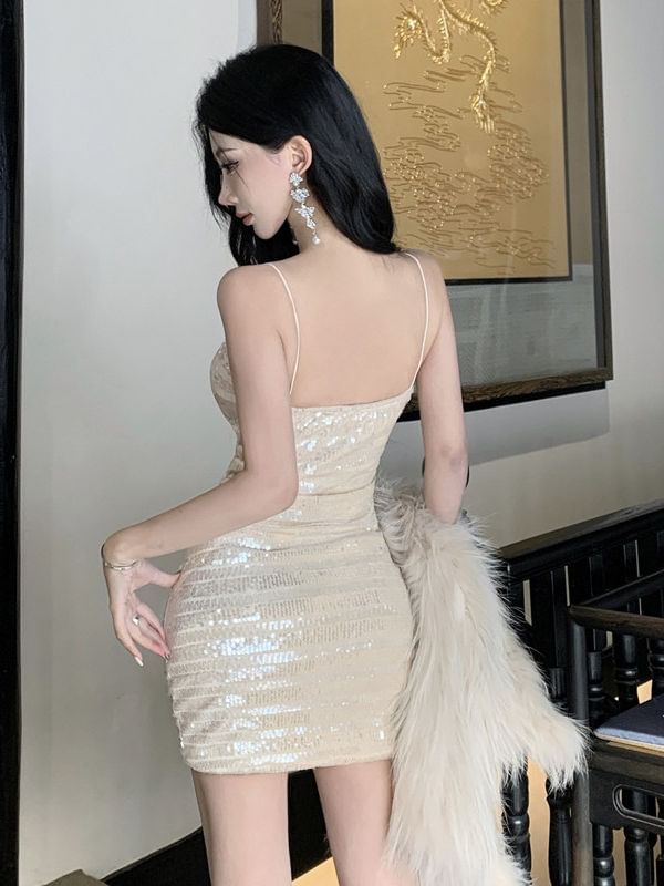 Spaghetti Strap Plain Bow Sequin Mini Sheath Cocktail Dress