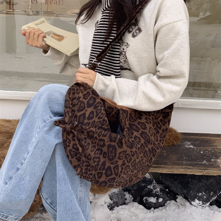 Leopard Print Faux Suede Crossbody Bag