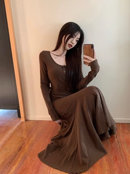 Henley Long Sleeve Mermaid Maxi Dress