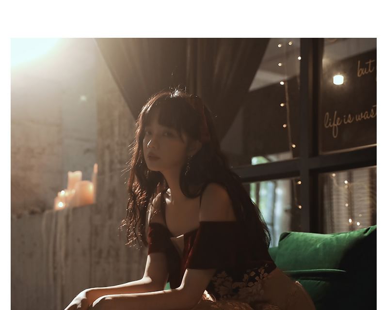 Cold-Shoulder Floral Applique Two-Tone A-Line Mesh Evening Gown