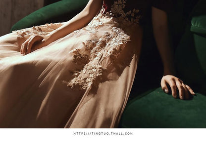 Cold-Shoulder Floral Applique Two-Tone A-Line Mesh Evening Gown