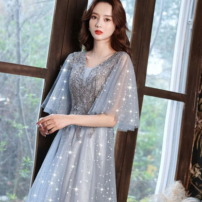 Cape-Sleeve Glitter Star A-Line Mesh Evening Gown (Various Designs)