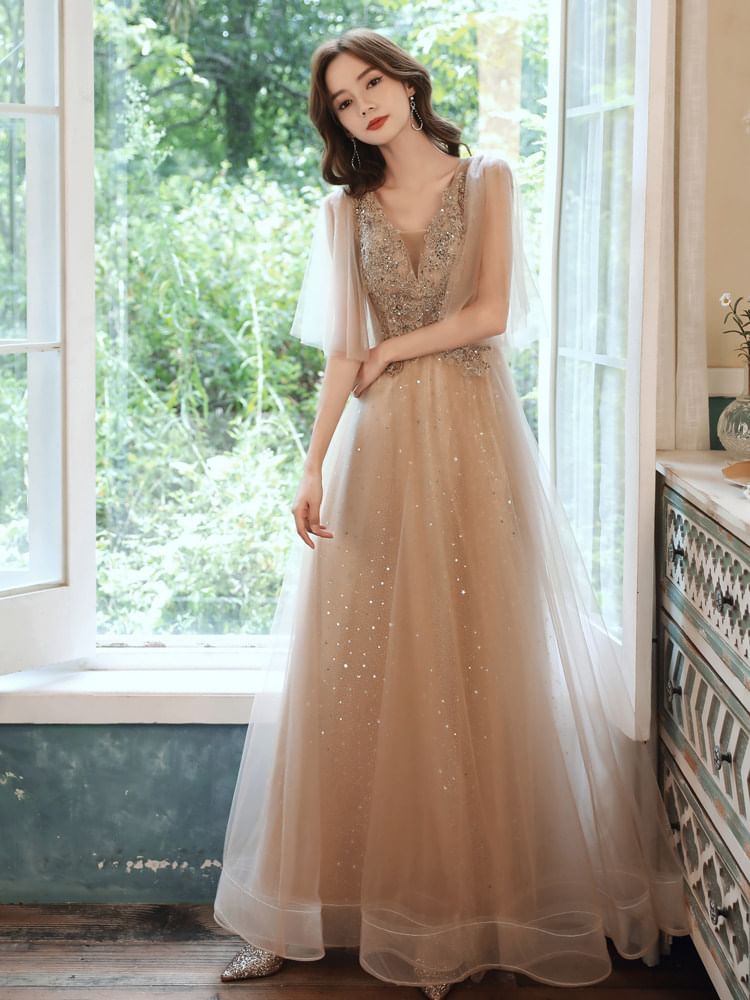 Cape-Sleeve Glitter Star A-Line Mesh Evening Gown (Various Designs)