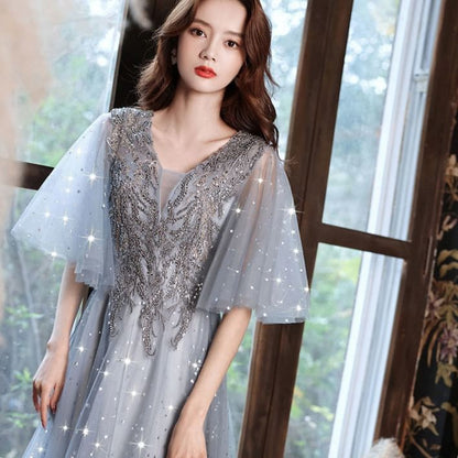 Cape-Sleeve Glitter Star A-Line Mesh Evening Gown (Various Designs)