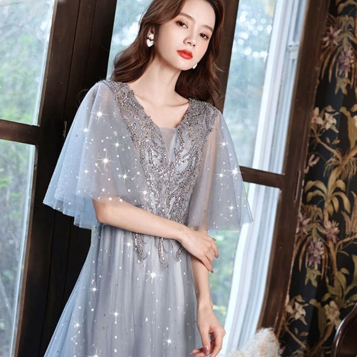 Cape-Sleeve Glitter Star A-Line Mesh Evening Gown (Various Designs)