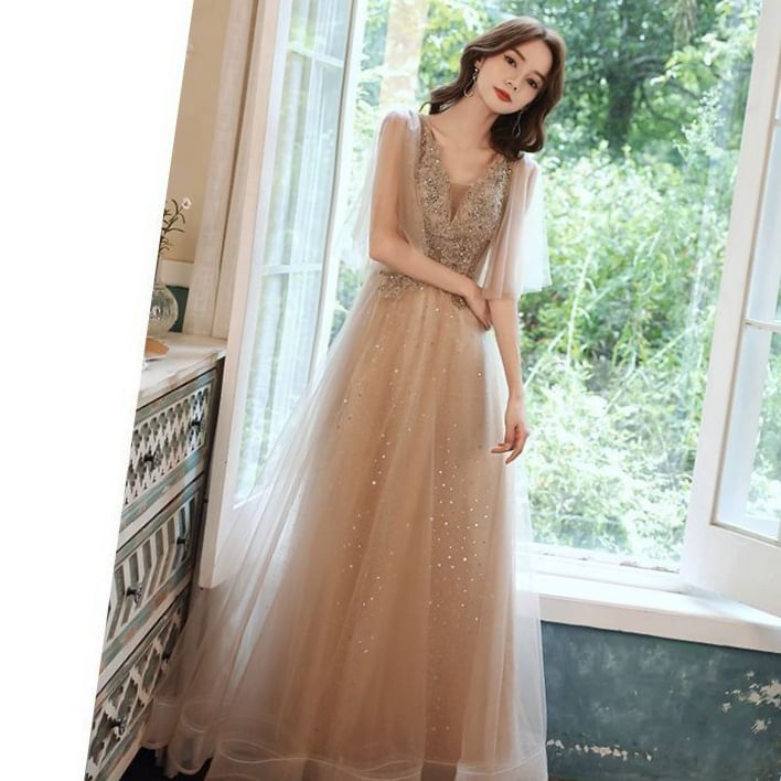 Cape-Sleeve Glitter Star A-Line Mesh Evening Gown (Various Designs)