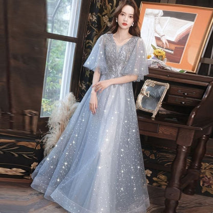 Cape-Sleeve Glitter Star A-Line Mesh Evening Gown (Various Designs)