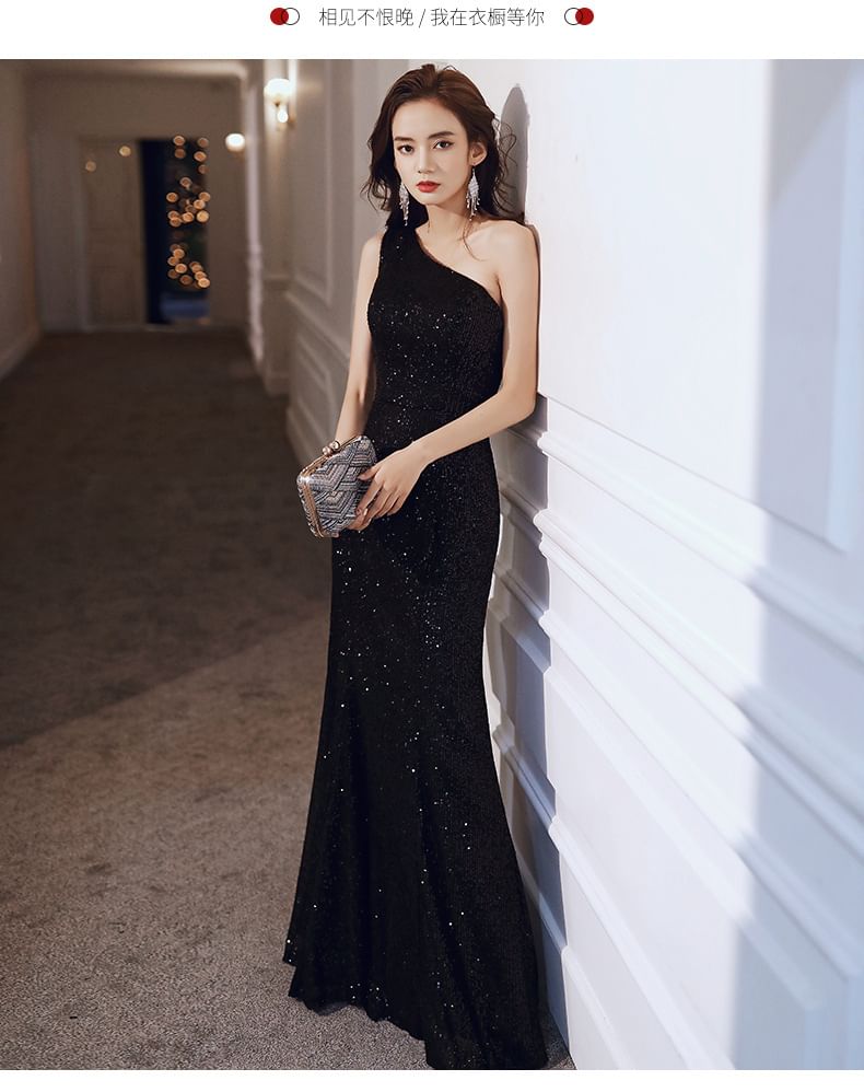 One-Shoulder Sequined Mermaid Evening Gown
