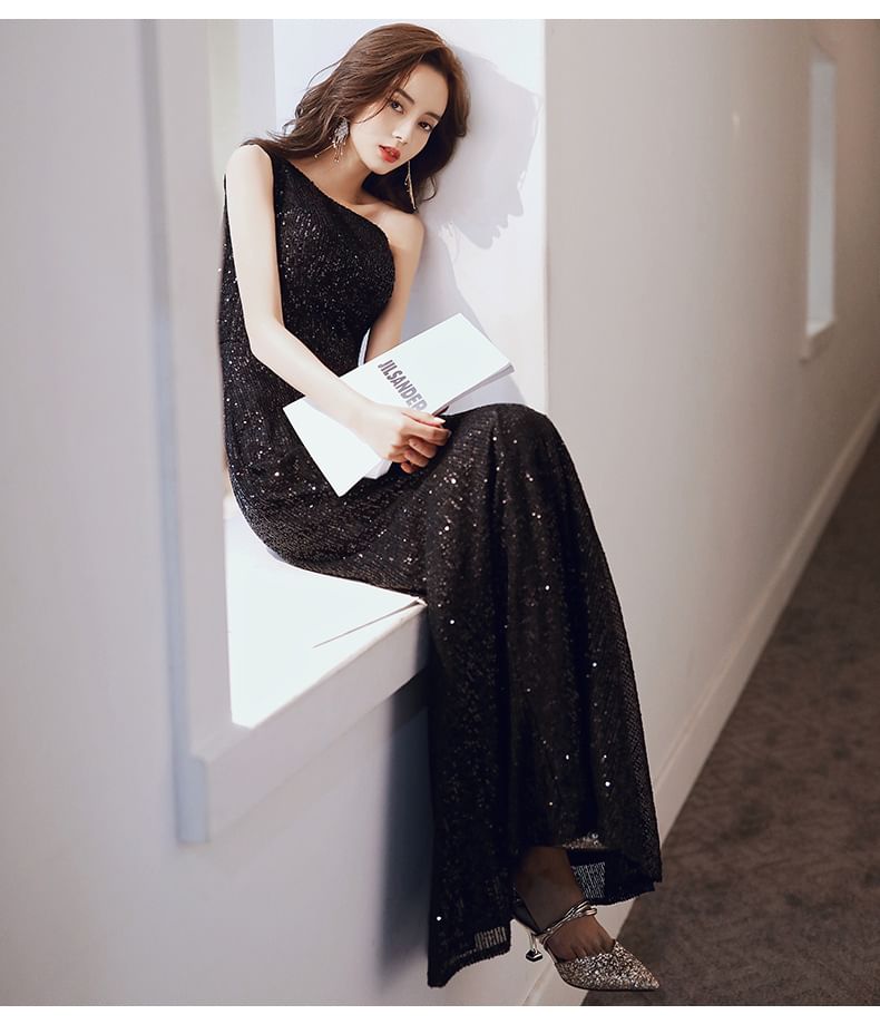 One-Shoulder Sequined Mermaid Evening Gown