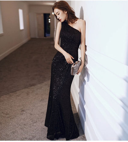 One-Shoulder Sequined Mermaid Evening Gown